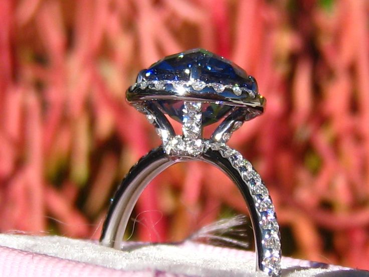 a close up view of a diamond and blue sapphire ring on a pink cloth with red flowers in the background