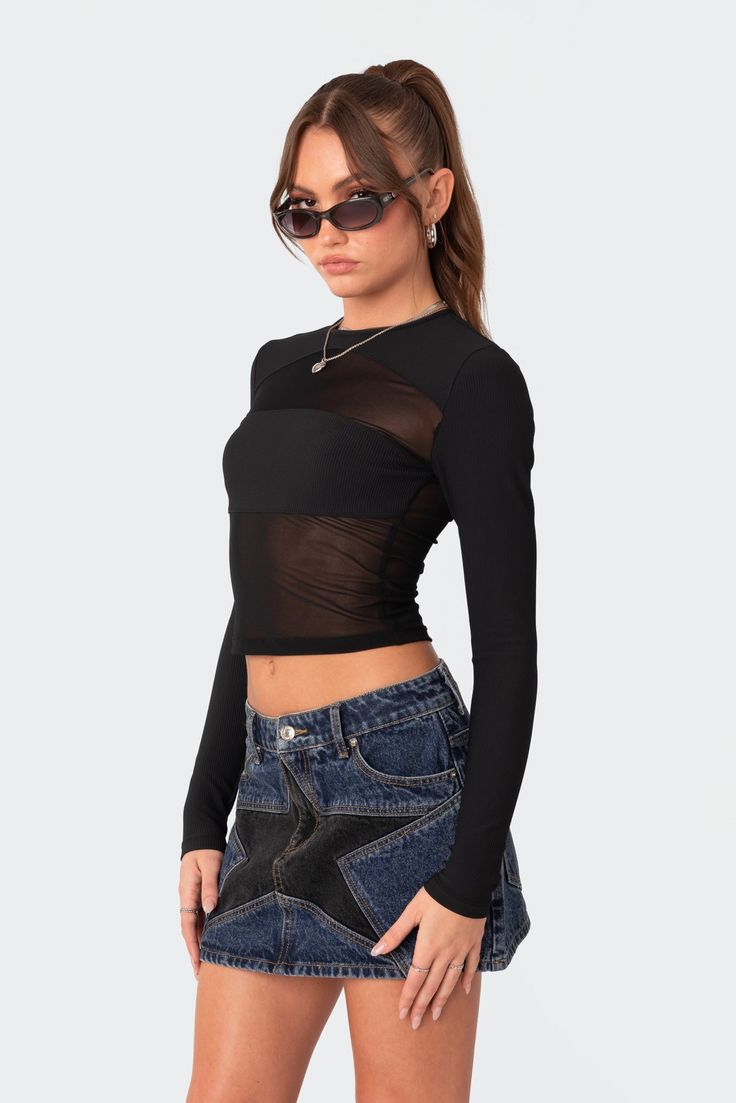 Sheer Ribbed Top, Black Mesh Top Outfit, Mesh Top Outfit, From Dusk Till Dawn, Visionary Fashion, 2023 Outfits, Jean Skirts, Mesh Long Sleeve Top, Black Mesh Top