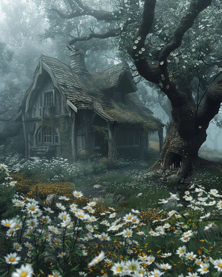 an old house in the woods surrounded by daisies