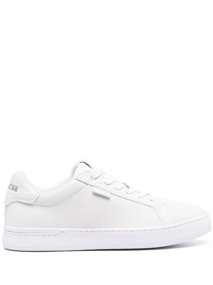 white calf leather embossed logo to the rear round toe front lace-up fastening rubber sole Coach Men, Embossed Logo, Leather Fabric, Sneakers White, Embossed Leather, Emboss, Low Top, Calf Leather, Lace Front