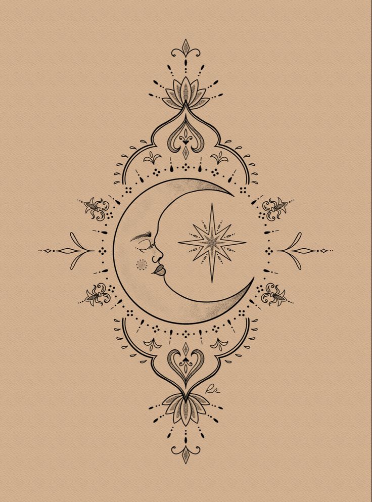 a drawing of a crescent with a star in the middle and an ornate border around it