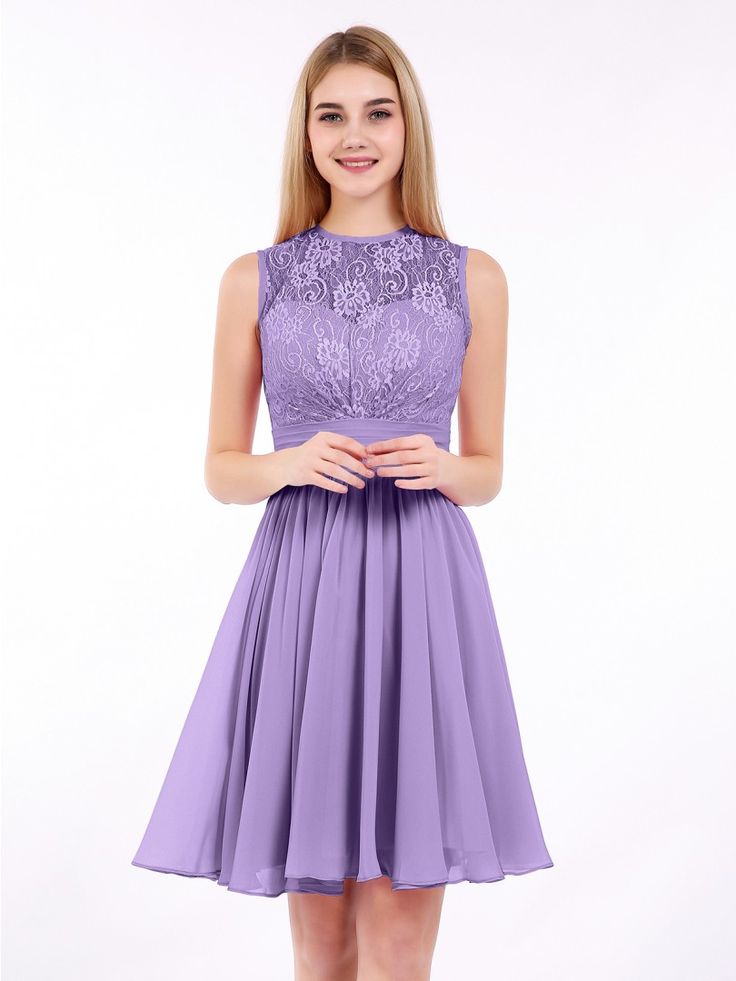 Tahiti Harriet Illusion Neck Chiffon and Lace Dress | BABARONI Short Bridesmaid Dress, Lilac Bridesmaid Dresses, Lavender Dresses, Bridesmaid Dresses Prom, Short Bridesmaid Dresses, Summer Weddings, Lilac Dress, Chiffon Prom Dress, Chiffon Bridesmaid Dress