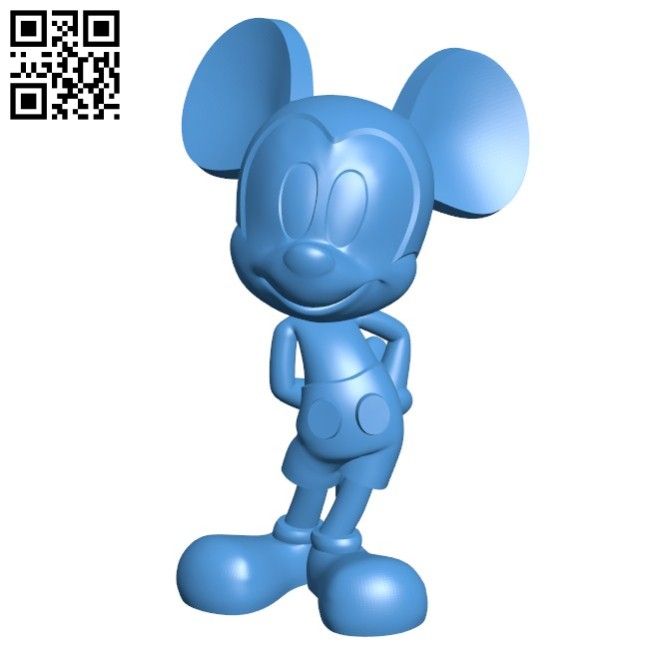 a blue mickey mouse figurine standing next to a qr code