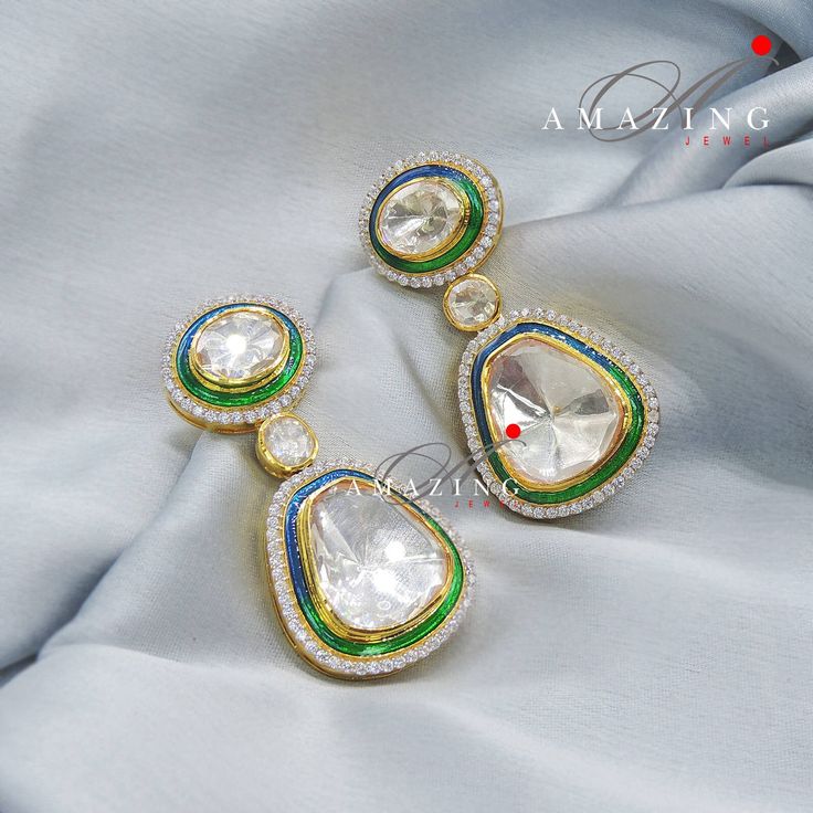 Silver Moissanite Single Polki Earrings, Moissanite Green Enamel Kundan Earring, Indian Wedding Jewellery, Silver Moissanite Polki Earring, Statement Single Polki Earring Material: Silver Gemstone: Moissanite Polki, Swarovski Stones, Green Enamel Stone colour:  Uncut Polki Primary colour: Gold Size-Length: 60mm  Width: 30mm Closure: Screw back  Silver Intricate, hand-crafted, Pure Silver Polki Earrings, studded with high-quality Moissanite with Red Enamel Polki Earring come with screw back and c Formal Multi-stone Diamond Earrings, White Diamond Multi-stone Earrings, Luxury Multi-stone Earrings For Wedding, Luxury Multi-stone Wedding Earrings, Gemstone Drop Earrings For Wedding, Traditional White Gemstone Earrings, Wedding Gemstone Drop Danglers, Gemstone Danglers For Wedding, Elegant White Kundan Earrings