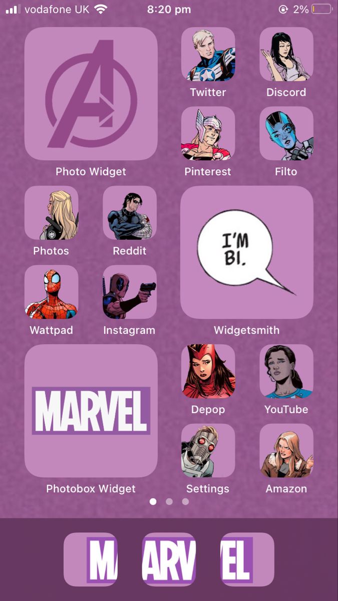 the avengers character quiz game is shown in purple