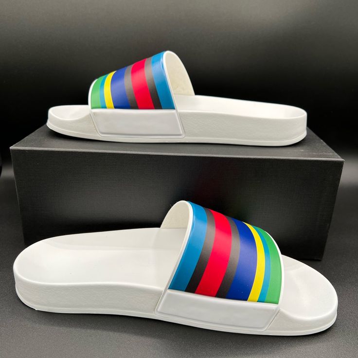 An Essential Piece For The Warmer Weather, These White Sole Multicolor Sports Strip Slides Sandals Are Perfect For Regular Use. Made In Portugal, These Slides Feature Our Ps Paul Smith Logo. Finished With A Smooth Footbed For Comfort And Grippy Patterned Outsole. Made In Portugal 100% Rubber. Us Sizes: Us Sizes 6-7 Are Small Sizes. Us Sizes 8-9 Are Medium Sizes. Us Sizes 11-12 Are Xl Size White Flat Sport Sandals, White Flat Sport Sandals With Cushioned Footbed, Summer Non-slip Slide Sneakers, Sporty White Sandals With Textured Footbed, Comfortable White Sport Sandals With Round Toe, Comfortable White Round Toe Sport Sandals, Casual White Slip-on Sport Sandals, White Casual Sport Sandals With Round Toe, White Casual Sport Sandals With Cushioned Footbed