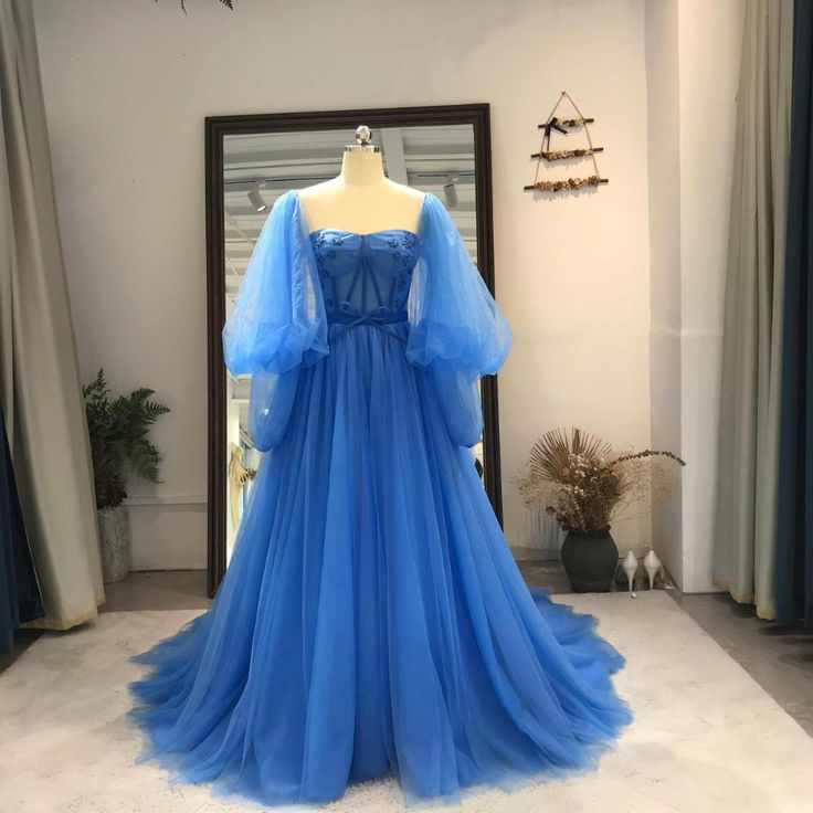 Blue Tulle Fashionable Sweetheart Long Party Dress, Blue Formal Gown Evening Dress on Luulla Fluffy Prom Dress, Formal Gowns Evening Dresses, Long Party Dress, Prom 2023, Tulle Sleeves, Blue Party Dress, Long Sleeve Prom, Blue Tulle, Custom Size Dresses