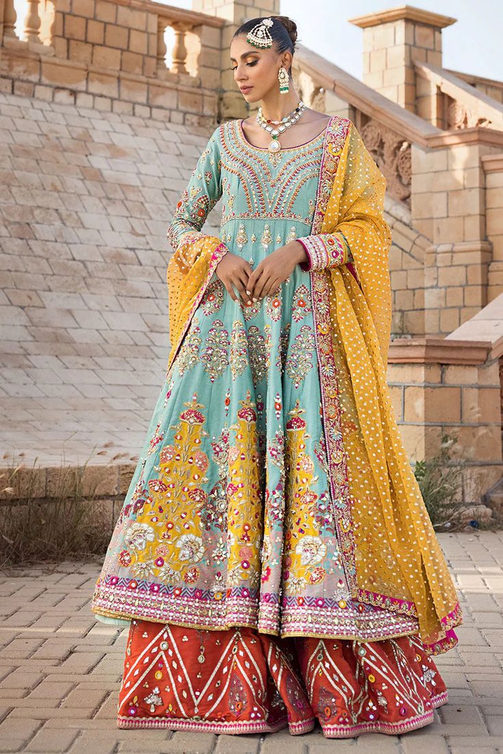 Pakistani Bridal Lehenga Frock And Dupatta Mehndi Dress Multicolor Dresses With Dabka Work For Reception, Multicolor Dabka Work Dresses For Reception, Anarkali Dress With Multicolor Embroidery For Wedding, Multicolor Embroidered Anarkali Set For Wedding, Semi-stitched Multicolor Embroidered Dress For Reception, Multicolor Embroidered Semi-stitched Dress For Reception, Multicolor Lehenga With Dabka Work For Reception, Multicolor Dabka Work Lehenga For Reception, Anarkali Gown With Intricate Embroidery