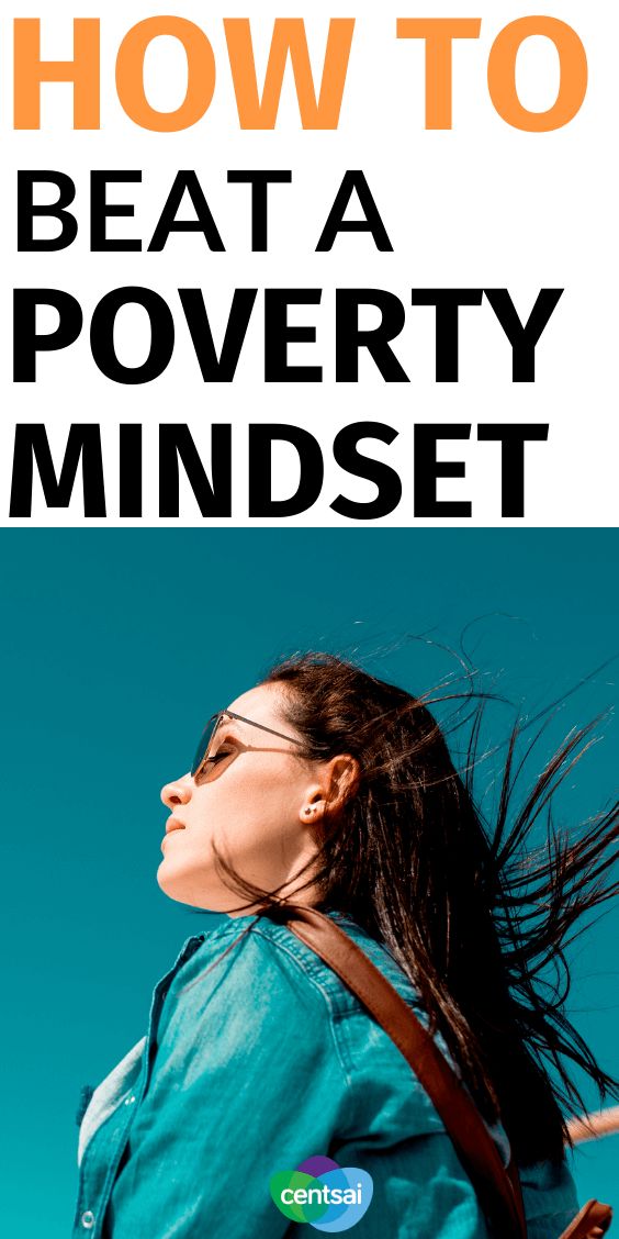 a woman with her hair blowing in the wind and text that reads how to beat a poverty mindset