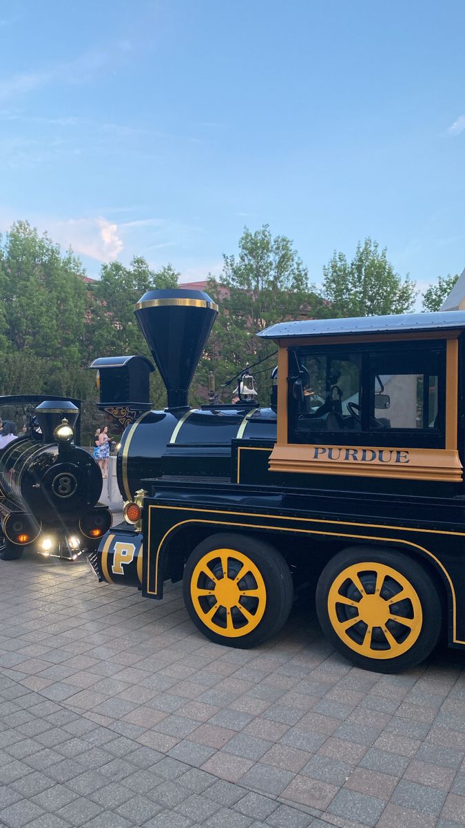 a black and yellow train is parked on the side of the road with people looking at it