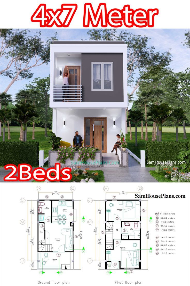 two story house plan with 2 beds and 3 bathrooms in the ground level, 4x7