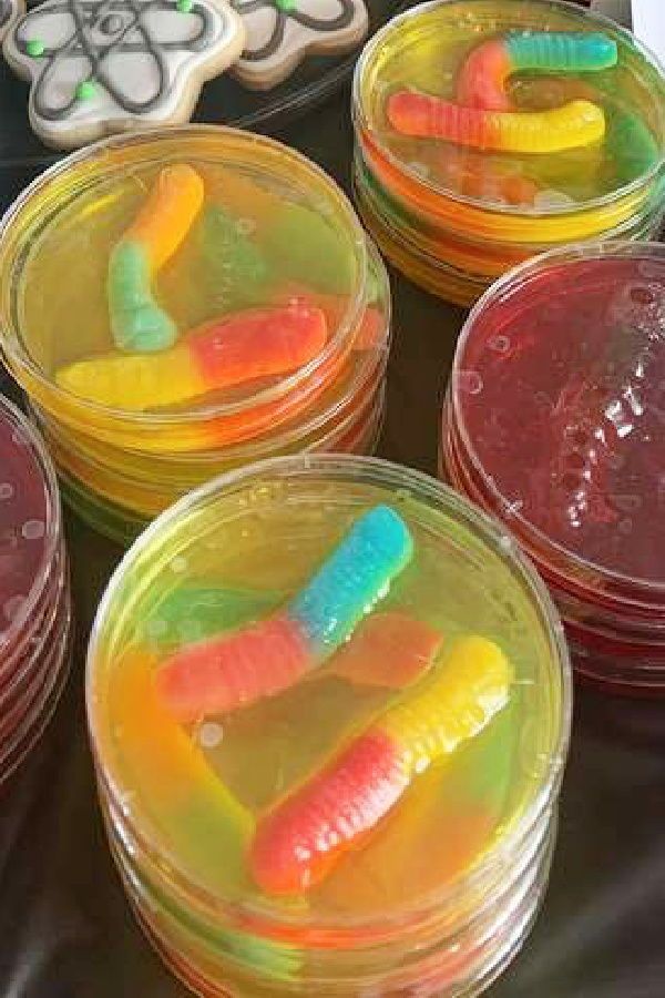 four plastic containers filled with colorful candy worms