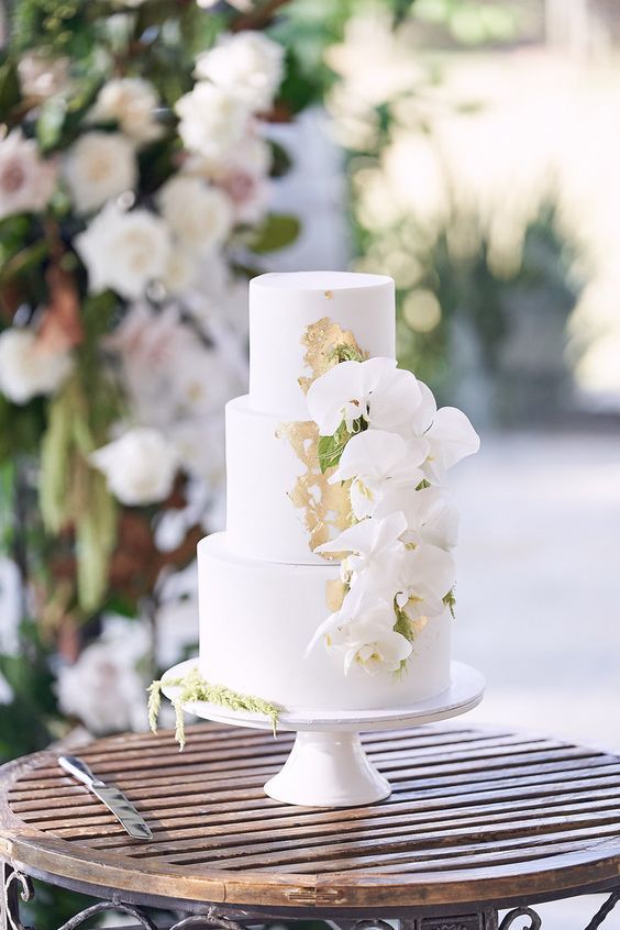 a white wedding cake sitting on top of a table