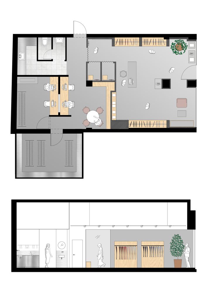 two floor plans showing the kitchen and living room