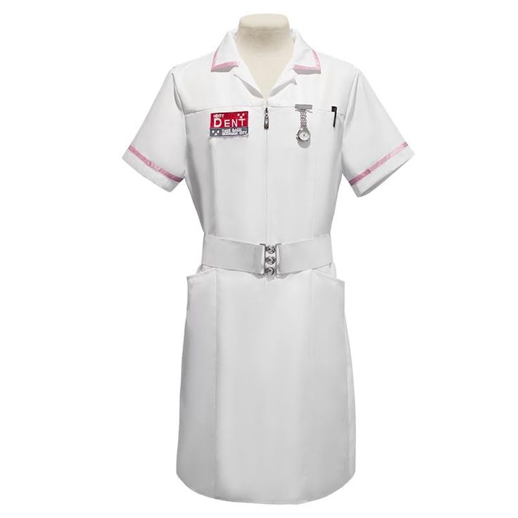 a white nurse dress with pink trims on the chest and collared neckline