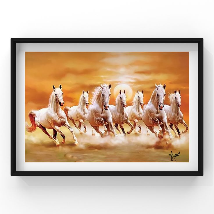 a group of white horses running in the desert under an orange sky with sun behind them