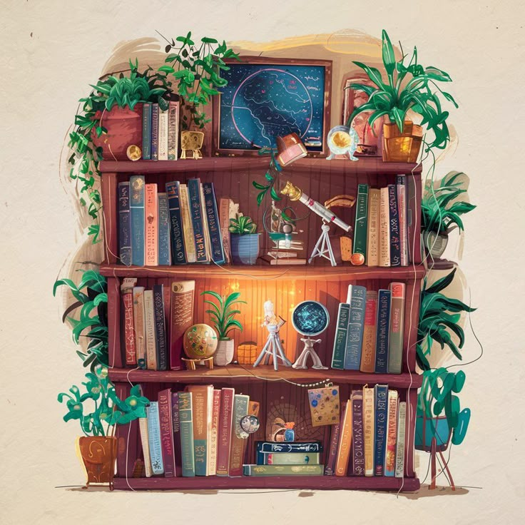 a book shelf filled with lots of books and plants