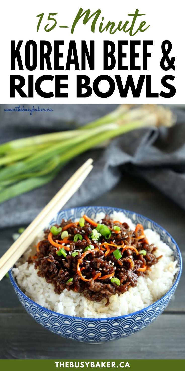 korean beef and rice bowl with chopsticks on the side text reads 15 minute korean beef & rice bowls