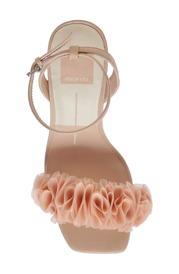 Voluminous ruffles add modern elegance to the vamp of a soirée-ready sandal framed by a squared-off toe and flared block heel. 3 1/4" heel (size 8.5) 3" strap height Adjustable ankle strap with buckle closure Leather and textile upper/synthetic lining and sole Imported Chic Low Heel Sandals, Chic Block Heel Heels For Event, Chic Ankle Strap Heels For Spring, Low Heel Summer Wedding Guest Heels, Low Heel Heels For Wedding Guest In Summer, Chic Synthetic Heels For Events, Low Heel Wedding Guest Heels For Summer, Summer Wedding Guest Low Heel Shoes, Summer Wedding Guest Low Heels