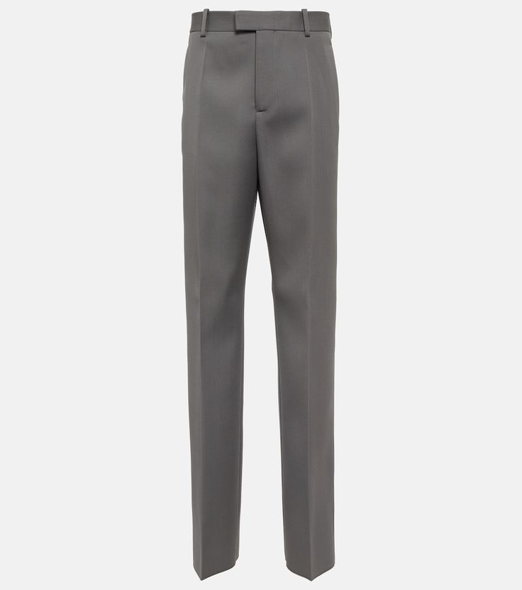 High-rise wool straight pants in grey - Bottega Veneta | Mytheresa Spring Knits, Mary Jane Pumps, Office Dresses, Leather Mary Janes, Pocket Belt, Wool Pants, Slim Pants, Pants Straight, Straight Pants