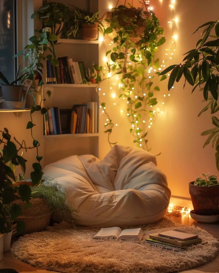 a living room filled with lots of plants and books on top of a fluffy rug