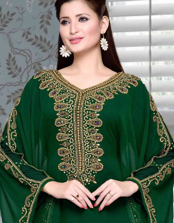 Bottle green colored designer bell sleeve kaftan and V-neck style gold empbroidered kaftan Women Hand beaded Caftans made in Chiffon with high quality materials, drawn by bead and crystals decor. Contact us immediately after placing an order, if you need sleeve linings and custom sizing. Plain/Embroidered hijab & Head band can be bought separately. Embroidered Hijab, Crystals Decor, Islamic Clothes, Kaftan Women, Embroidered Kaftan, Moroccan Caftan, Islamic Clothing, Bottle Green, Hip Dress