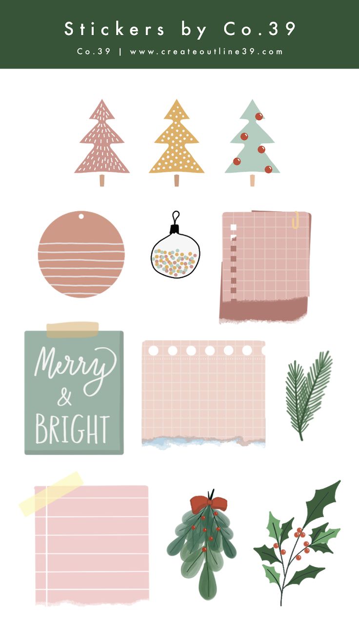 stickers by co - 9 merry and bright christmas trees, holly branches, pine cones