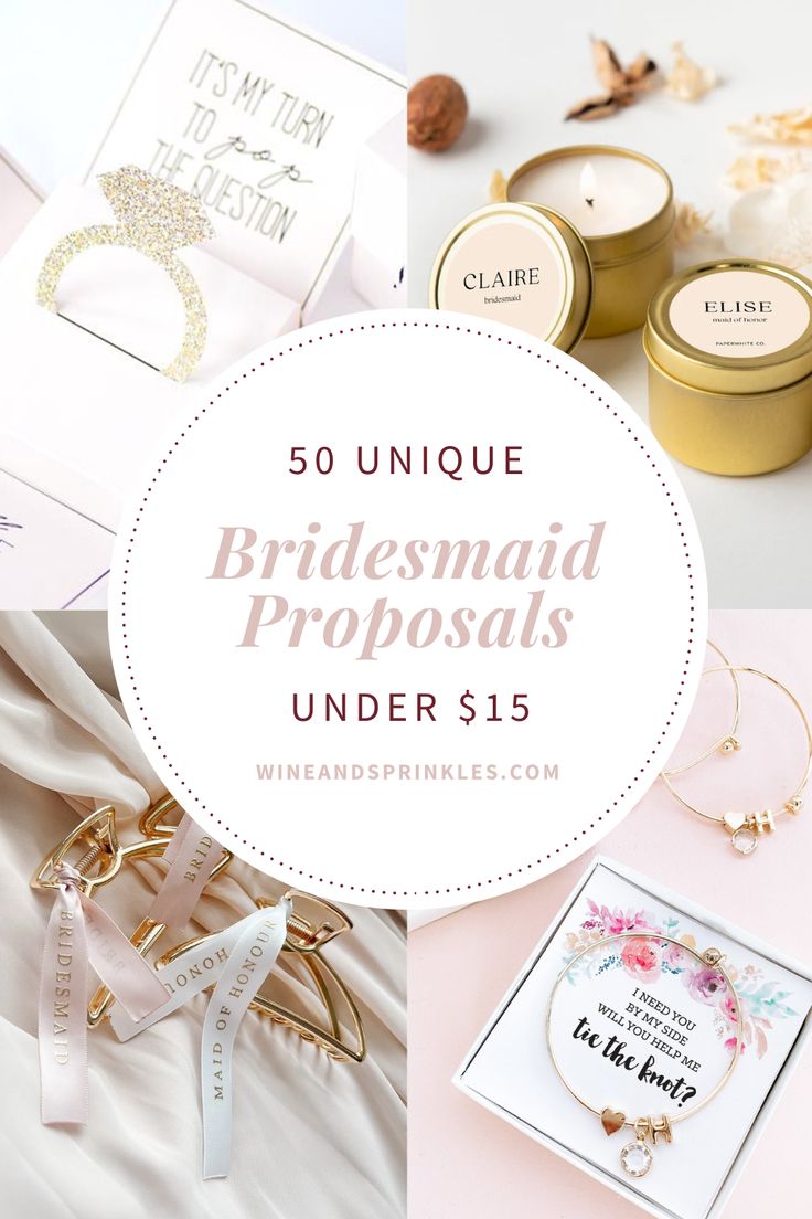 wedding favors and jewelry with the words 50 unique bridesmaid proposss under $ 15