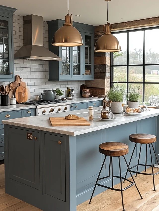 a kitchen with blue cabinets and wooden stools