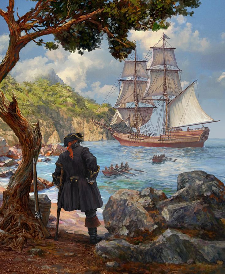 a painting of a man standing next to a tree looking at a ship in the water