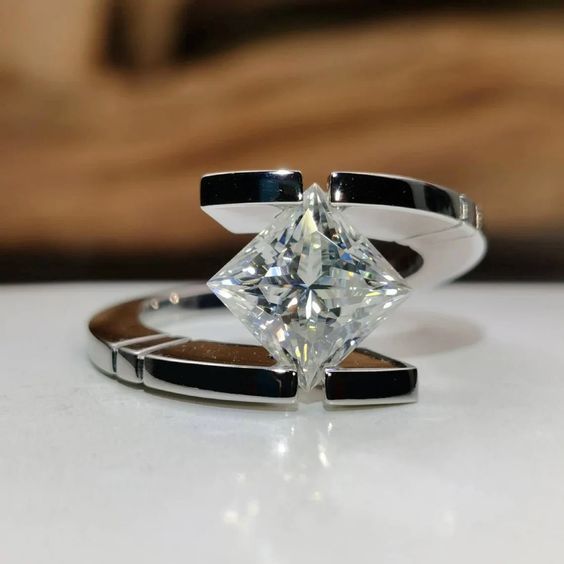 Tension Set Princess Cut Moissanite Ring Bypass Engagement Ring Women Gold Ring Tension Ring, Princess Cut Moissanite, Wedding Rings Solitaire, Moissanite Diamond Rings, Diamond Wedding Ring, Diamond Solitaire Rings, 925 Silver Jewelry, Diamond Wedding Rings, Moissanite Engagement Ring