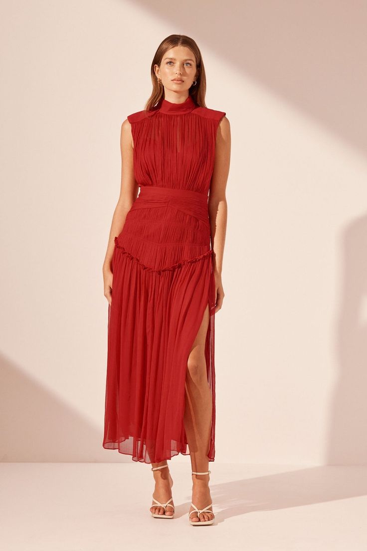 Marquis High Neck Midi Dress | Roma Red | Dresses | Shona Joy Autumn Wedding Guest Dress, Wedding Guest Dress Red, Autumn Wedding Guest, High Neck Midi Dress, Fall Wedding Guest, Shona Joy, Red Dresses, Maxi Dress Online, Velvet Fashion