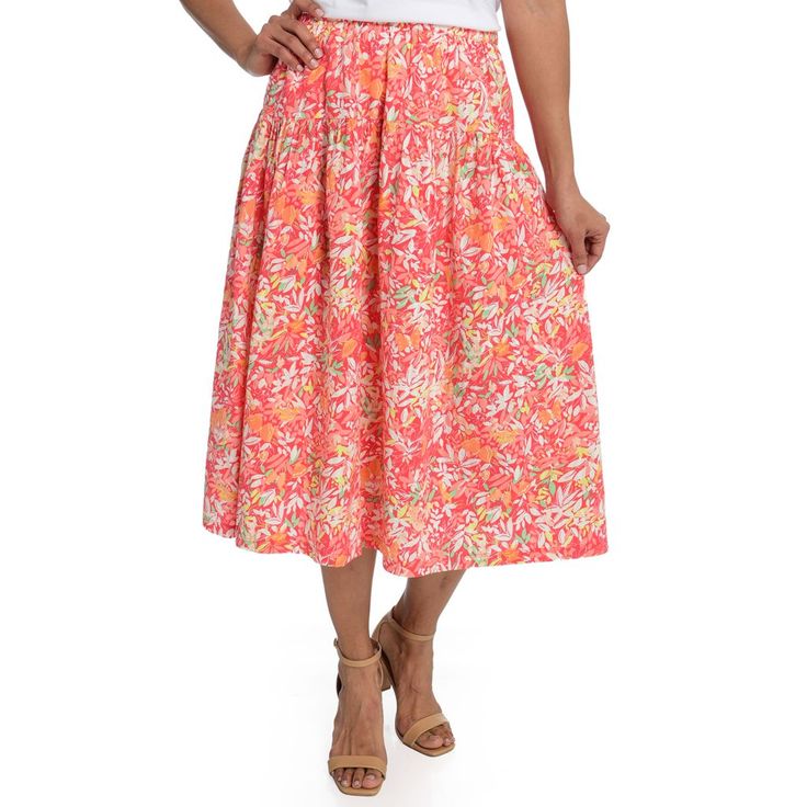 Introducing our Printed Midi Skirt, designed to enhance your style with fullness and movement. Its perfect midi length adds interest to any outfit, while the 100% cotton fabrication sets it apart. Finding garments in 100% cotton can be a challenge, but we've got you covered! Enjoy the benefits of natural fibers with breathability and comfort. Elevate your wardrobe with this versatile and effortlessly chic printed midi skirt. Cotton Midi Length Bottoms For Summer, Cotton Stretch Gathered Skirt Bottoms, Stretch Cotton Gathered Skirt Bottoms, Stretch Cotton Gathered Skirt, Summer Cotton Stretch Maxi Skirt, Spring Cotton Maxi Skirt With Elastic Waistband, Spring Stretch Maxi Skirt With Gathered Detail, Summer Stretch Cotton Maxi Skirt, Spring Stretch Maxi Skirt With Gathered Design