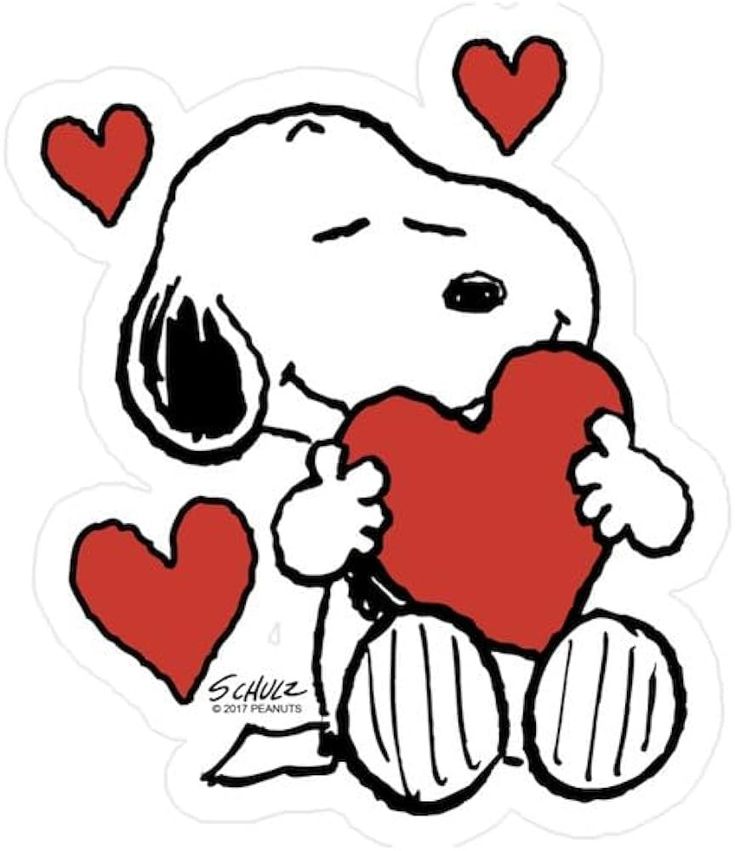 a snoopy holding a heart with hearts around it