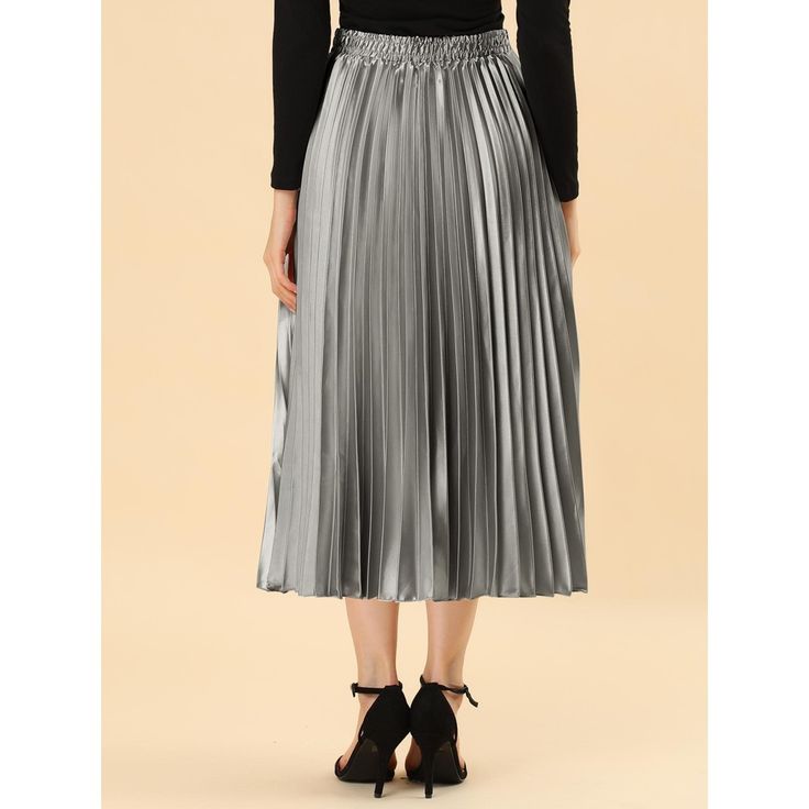 Accordion pleats enhance the dimension and movement of this midi skirt, while the metallic design underscores its sleek style. It's pleated all around for this trending midi skirt. Feel free to pair it with black block-heel sandals. Whether you're dressing up or down, this skirt is perfect for any occasion. A casual and simple style, never out of fashion, is a must-have item in your wardrobe. This fashionable and trendy clothes for women can not only be worn daily, but can also be easily matched Metallic Lined Flared Skirt, Party Midi Skirt With Folds, Party A-line Bottoms With Pleated Waist, Midi Skirt With Folds For Party, Chic Metallic Flowy Skirt, Chic Flowy Metallic Skirt, Pleated Party Skirt, Metallic Flared Skirt For Night Out, Metallic Flared Skirt For Spring