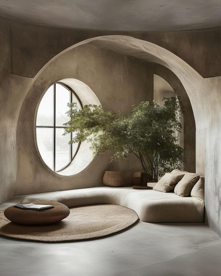 a living room with round windows and a large circular couch in the middle of it