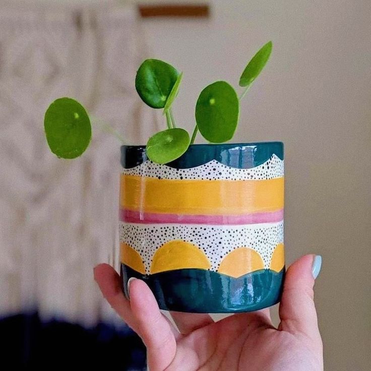 a hand holding a small pot with a plant in it's center and another pot behind it