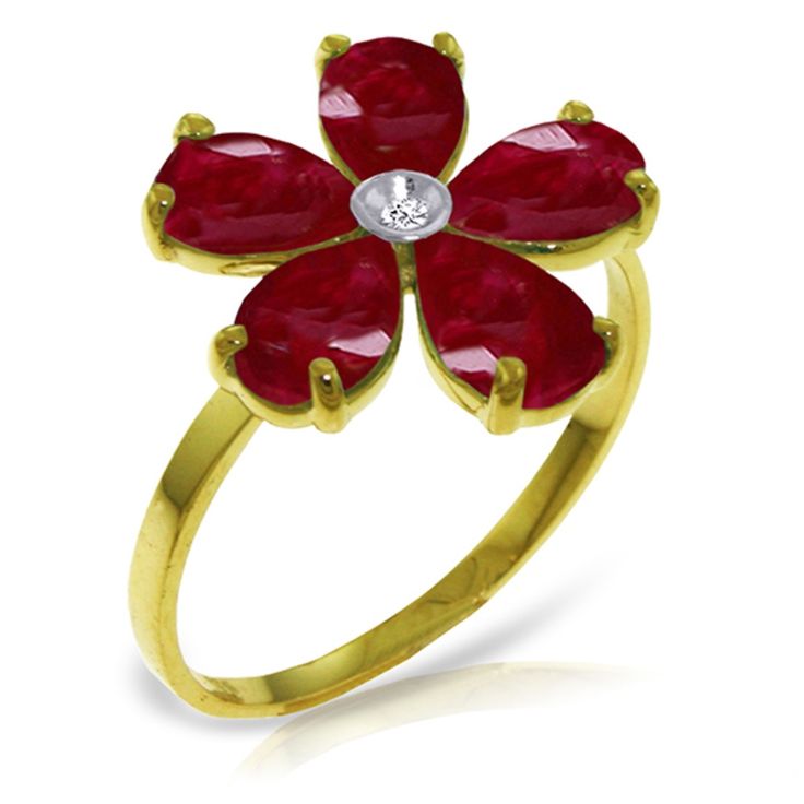 Item: 3417 Description 14k. Solid Gold Ring With Natural Diamond & Rubies (Yellow Gold) Original Ring Size 6.0 (More Sizes Upon Request) Item Information Metal: 14k. Solid Gold Metal Weight: 2.00 Gr. Diamonds 1 Round Cut, K-M Color, Si-2 Clarity = 0.02 Ct Gemstones 5 Pear Shape, 6x4 Mm, Ruby = 2.20 Ct Measurements Height: 0.77 In ( 19.6 Mm) Width: 0.55 In ( 14 Mm) Gold Flower Ring With Ruby Gemstone, Fine Jewelry Ruby Ring In Yellow Gold, 14k Yellow Gold Flower Ring With Prong Setting, Yellow Gold Ruby Ring Fine Jewelry, Yellow Gold Pear-shaped Ruby Ring, Yellow Gold Flower Ring With Prong Setting, Elegant Gold Flower Ring With Ruby, Yellow Gold Ruby Ring With 17 Jewels For Gift, Gold Ruby Ring Fine Jewelry