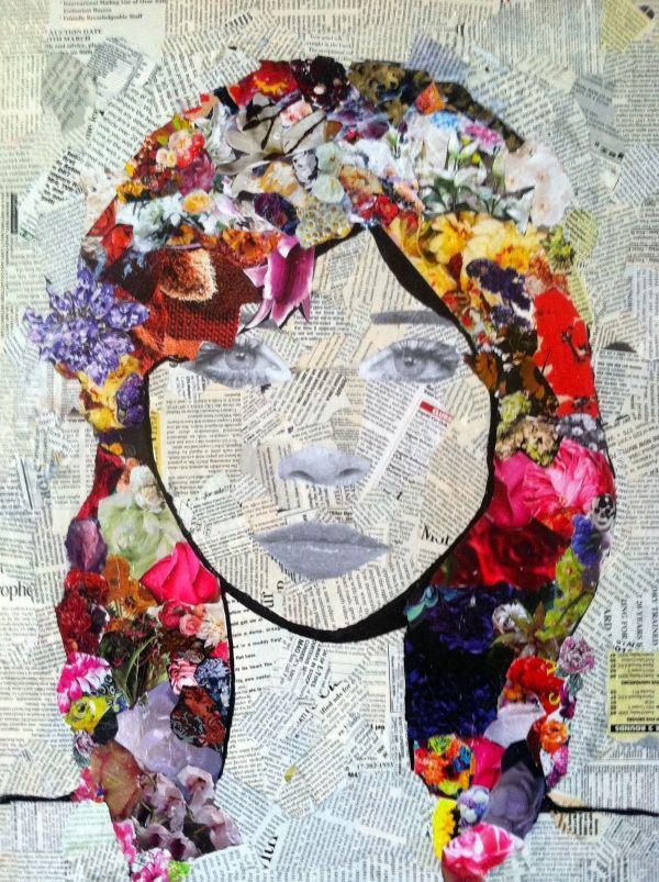 a woman's face made out of newspaper paper with flowers on the head and neck