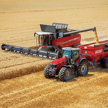 a red tractor is driving in the middle of a wheat field with two other tractors behind it