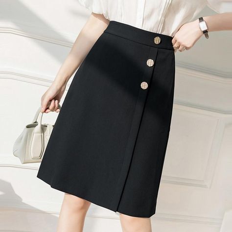 Ladies Elegant A-line Skirts Korean Style Solid Color High Waist Women – jetechband Classic Black A-line Skirt, Elegant Black A-line Skirt, Black A-line Bottoms For Workwear, Chic Solid Color Knee-length Skirt, Black A-line Skirt For Work, Chic Solid Knee-length Skirt, Elegant Black Pencil Skirt With Buttons, A-line Lined Mini Skirt For Office, Knee-length Buttoned Skirt