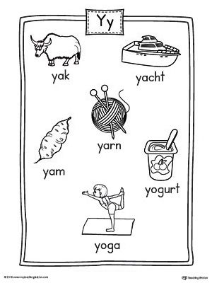 the letter y worksheet with pictures and words