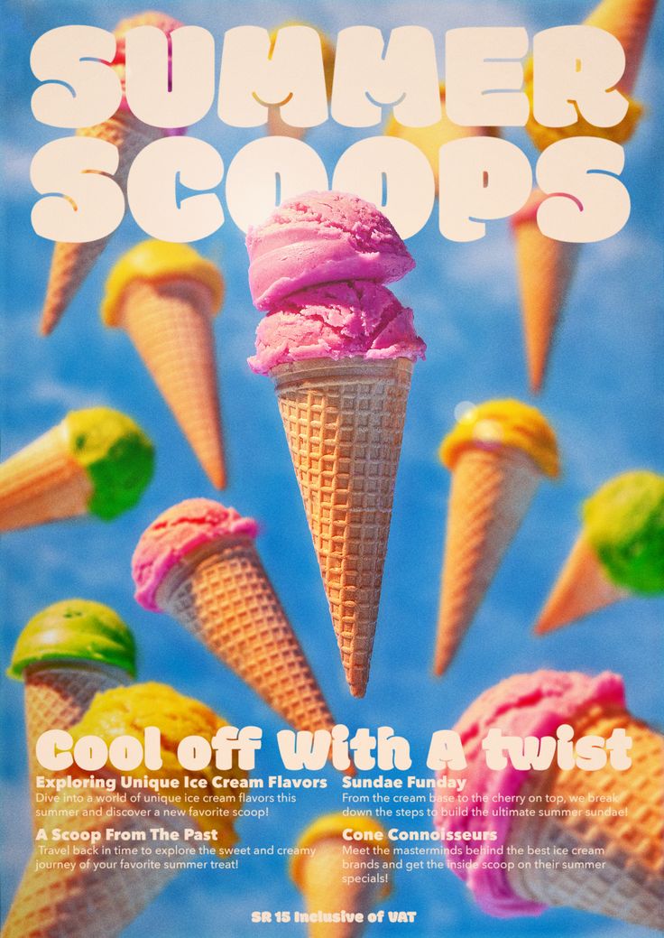 an advertisement for summer scoops with ice cream cones flying through the air in front of blue sky