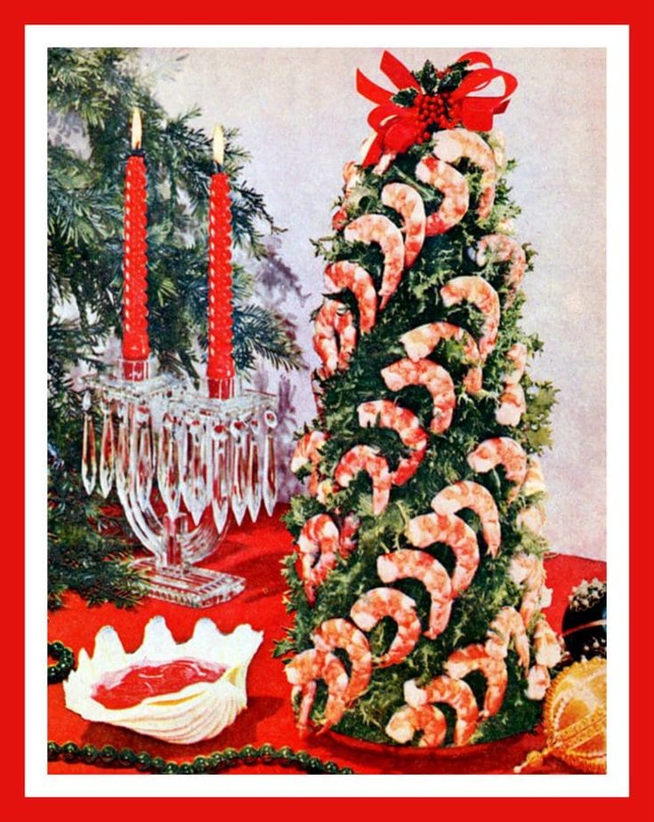 a christmas tree decorated with candy canes and shrimp