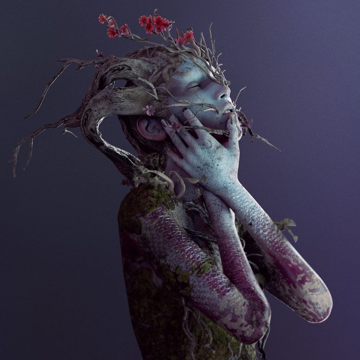 a woman with her hands on her face and branches growing out of her head, in front of a dark background