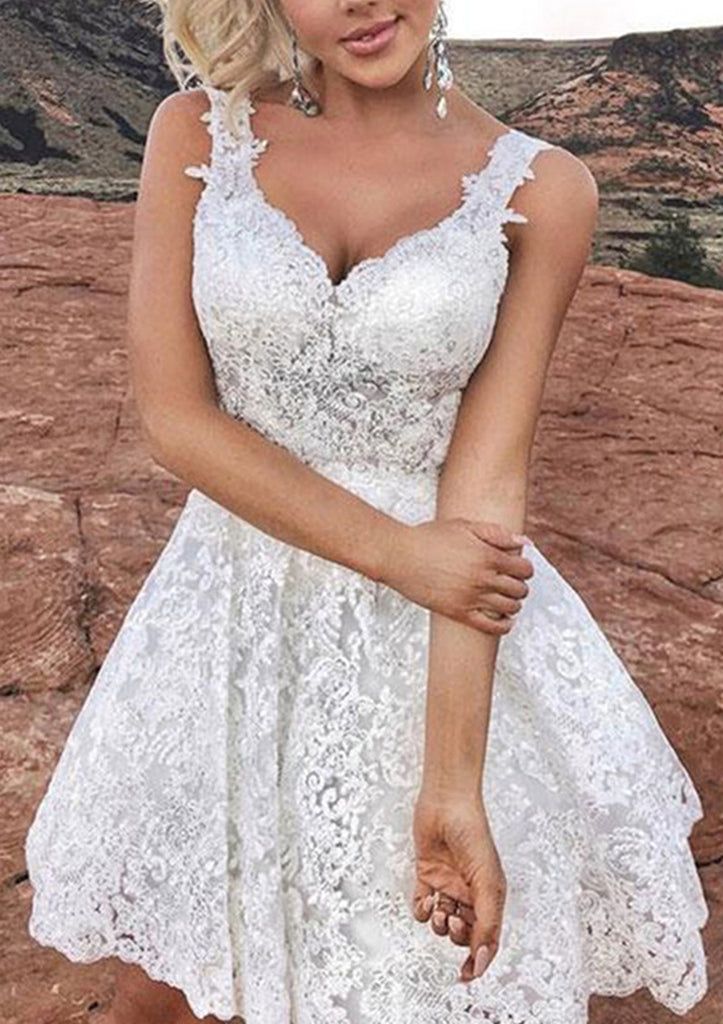 A-line V Neck Sleeveless Ivory Lace Short Mini Homecoming Dress - Princessly White Lace Prom Dress, Applique Cocktail Dress, White Dresses Graduation, Cute V, White Lace Shorts, Lace Formal Dress, Graduation Dresses, A Line Shorts, Short Homecoming Dress