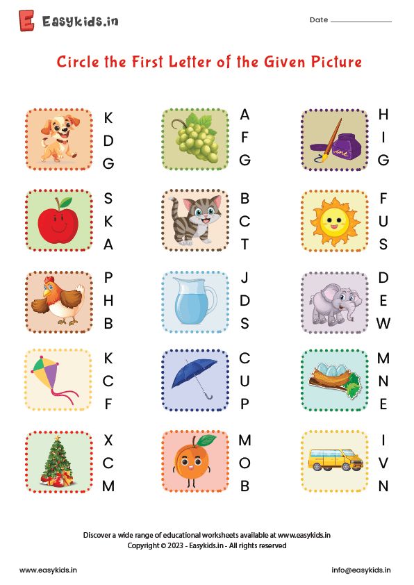 the first letter of the given picture worksheet with pictures and words to help students learn