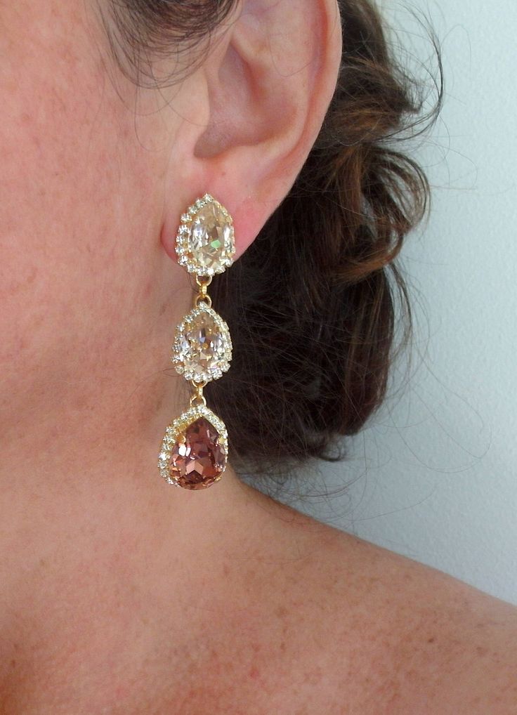 "Bridal earrings,Blush chandelier earrings,Long earrings,Morganite earring,Gold earring,bridesmaid gift,Swarovski earrings THESE STUNNING EARRINGS CAN BE CUSTOM MADE WITH CUSTOM COLORS AND METAL PLATING. PLEASE CONTACT ME. Stunning beauty. Made with CRYSTALIZED™ - WORLD'S TOP QUALITY SWAROVSKI CRYSTALS ✤ Post/stud earrings. Clip-on is available upon request. please contact me. ✤ Size approx - 65 mm long (2.6 inches) ✤ Colors: Silk, blush pink/vintage rose, blush rose, gold plate. ✤ Stones are ha Exquisite Crystal Drop Earrings, Wedding Fine Jewelry Chandelier Drop Earrings, Exquisite Crystal Jewelry With Matching Earrings, Rose Gold Drop Jewelry For Party, Fine Jewelry Bridal Dangle Earrings In Crystal, Elegant Gemstone Chandelier Earrings For Wedding, Wedding Gemstone Drop Chandelier Earrings, Wedding Chandelier Drop Earrings With Gemstones, Long Drop Cubic Zirconia Jewelry For Party