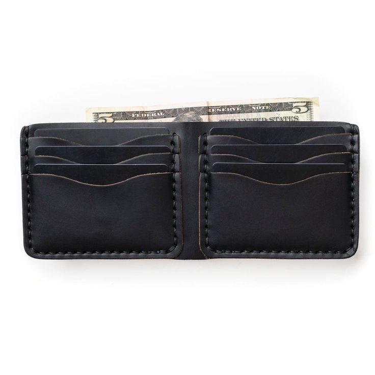 Our Black Leather Billfold is stylish yet functional. With a sleek design, durable construction and 6 card slots, it's perfect for any fashion-conscious individual. Modern Black Leather Wallets, Black Rectangular Wallet With Coin Pocket, Bifold Wallets For Daily Use, Modern Black Wallets With Card Slots, Black Leather Wallet With Rfid Blocking, Modern Black Wallets With Interior Card Slots, Black Leather Trifold Wallet For Business, Modern Black Wallet With Interior Card Slots, Modern Black Trifold Wallet For Everyday Use