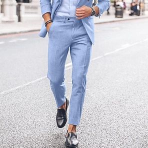 Sky Blue Men's Linen Suits Beach Wedding Solid Colored 2 Piece Fashion Casual Tailored Fit Single Breasted One-button 2024 2024 - Rs.7039 Linen Suits For Men, Linen Suits, Mens Linen, Casual Suit, Blue Man, Single Breasted, Beach Wedding, Fashion Casual, Sky Blue